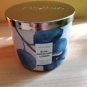 *New Bath & Body Works White Barn Sun-Drenched Linen Scent 3 Wick Candle w/ Lid